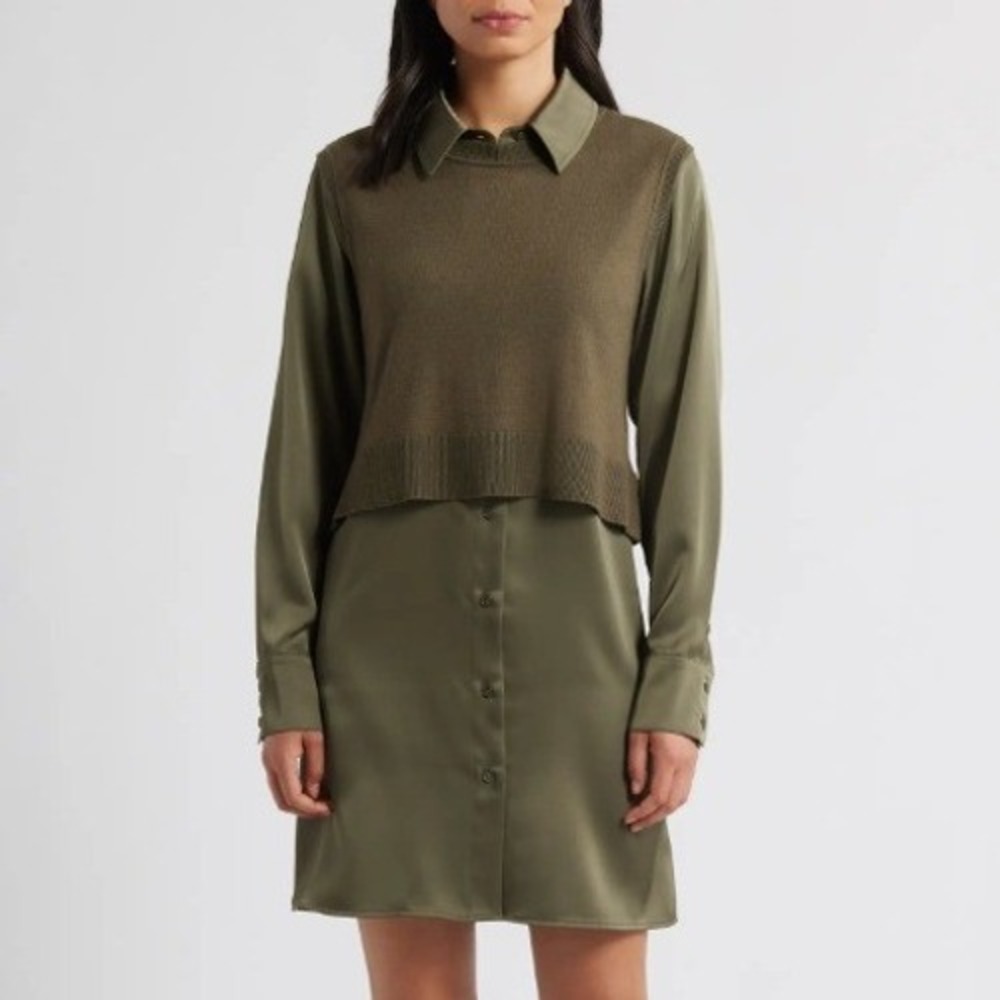 SAM EDELMAN Layered Mixed Media Dress In Loden Green Women Size‎ 8 Casual Office